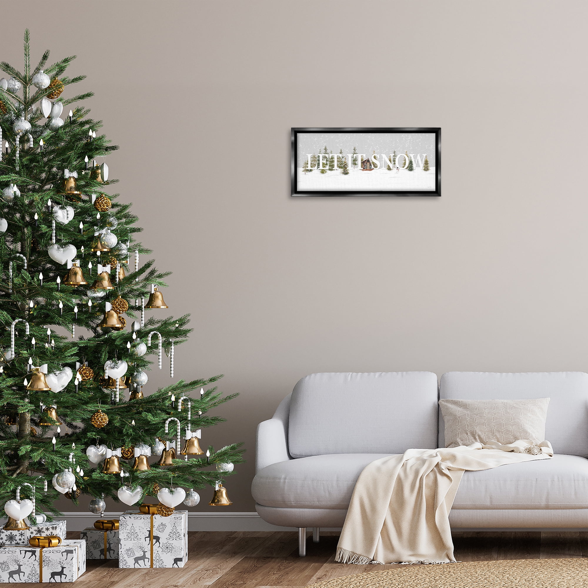 Stupell Industries Let It Snow Scene Holiday Painting Black Floater Framed Art Print Wall Art, 25 x 11