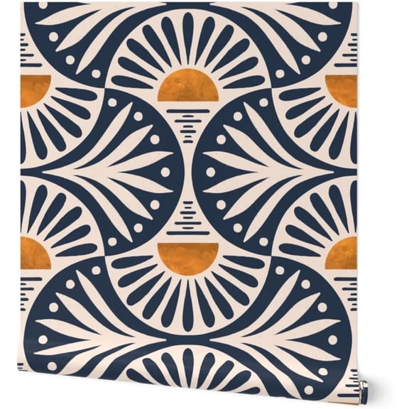 Art Deco Boho Sunset Leaves Peel And Stick Wallpaper Swatch – Gold Geometric Navy Sun