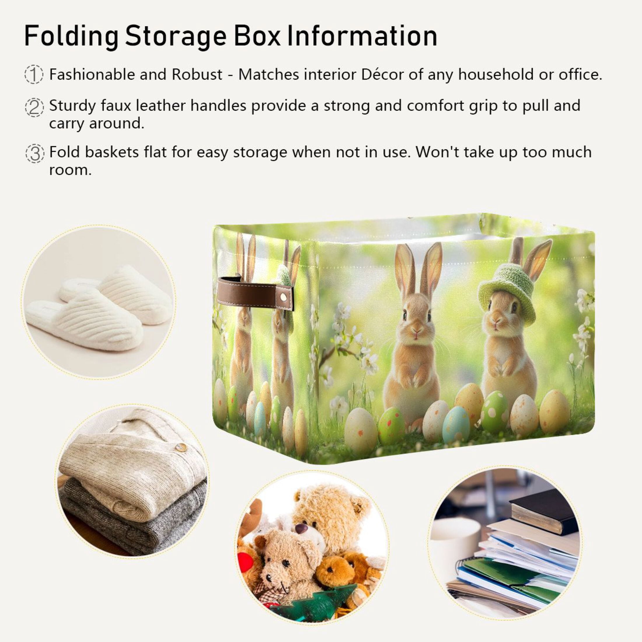 Ryvnso Happy Easter Bunny Storage Basket Large Bin Foldable Boxes Toys Organizer 14.2x10.2x8.3in 2 PCs
