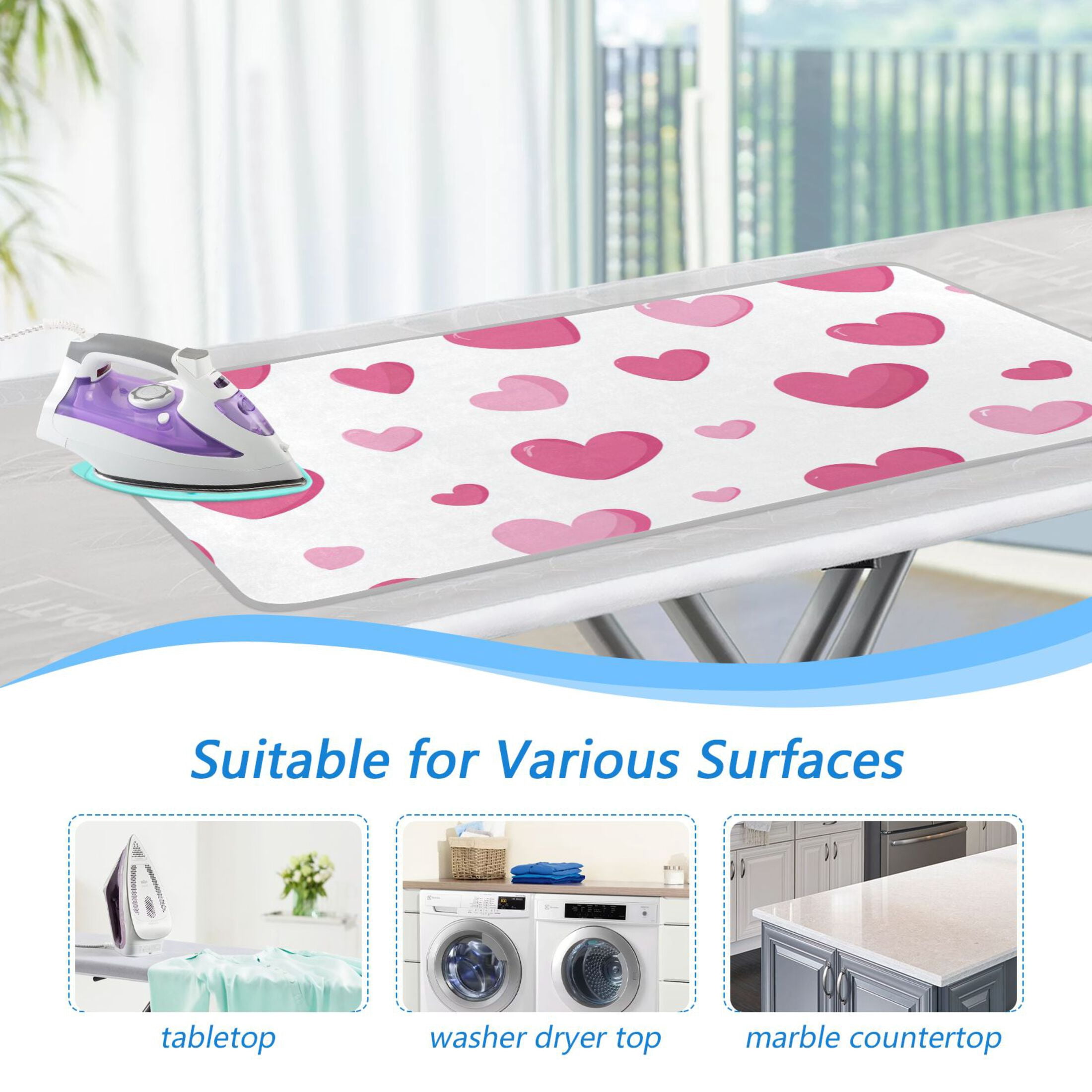 Pink Hearts Valentine Ironing Mat Blanket Portable Travel Ironing Pad Heat Resistant Pad 47.2" x 27.6”