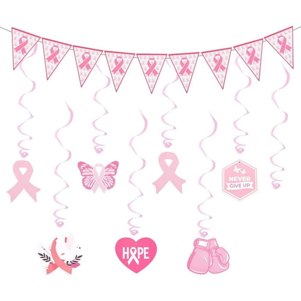 Decoraciones para concientizar sobre el cáncer de mama, banderines de cinta rosa, colgantes de pared, mariposas, pájaros y remolinos.