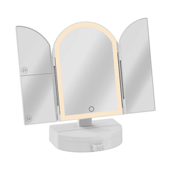 Impressions Vanity Darling Arch Trifold LED Tri Tone Makeup Mirror with Drawer, Foldable (White)
