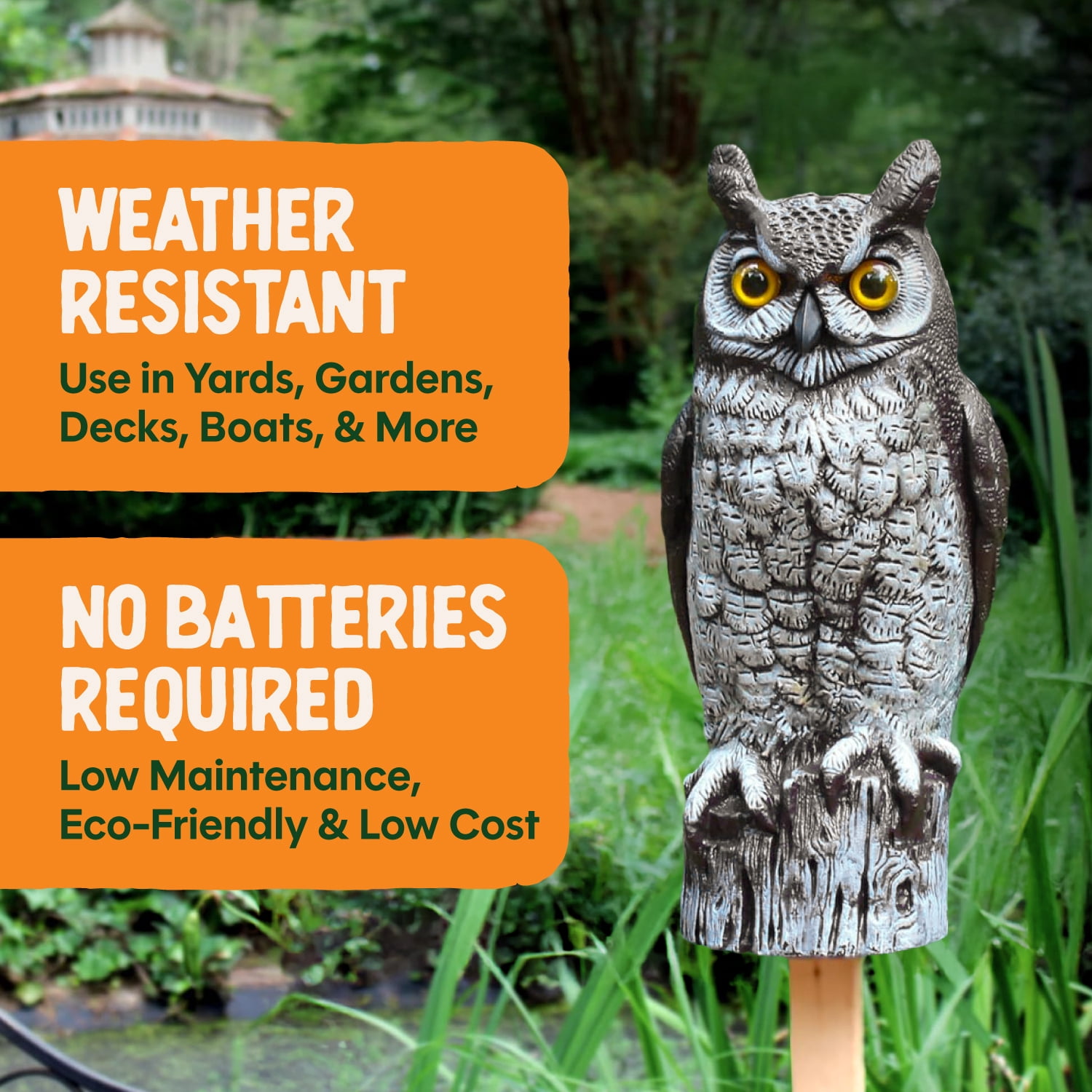 Dalen Fake Owl Decoy to Scare Birds Away from Gardens, Rooftops, and Patios - Scarecrow Provides Chemical-Free Pest Control - Safe and Humane, 16" Great Horned Owl