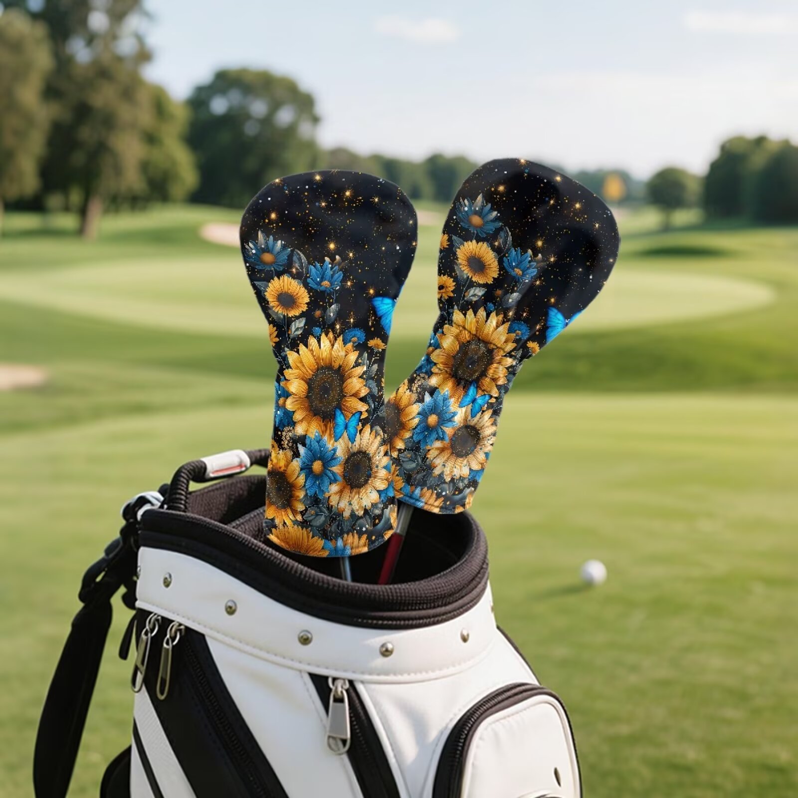 Uorisanigo Golf Headcovers Set, 3pcs Golf Club Head Covers - Sunflower Blue Butterfly Driver Headcover Fits up to 460cc Drivers, Golfs Fairway Wood Headcover and Hybrid Head Cover