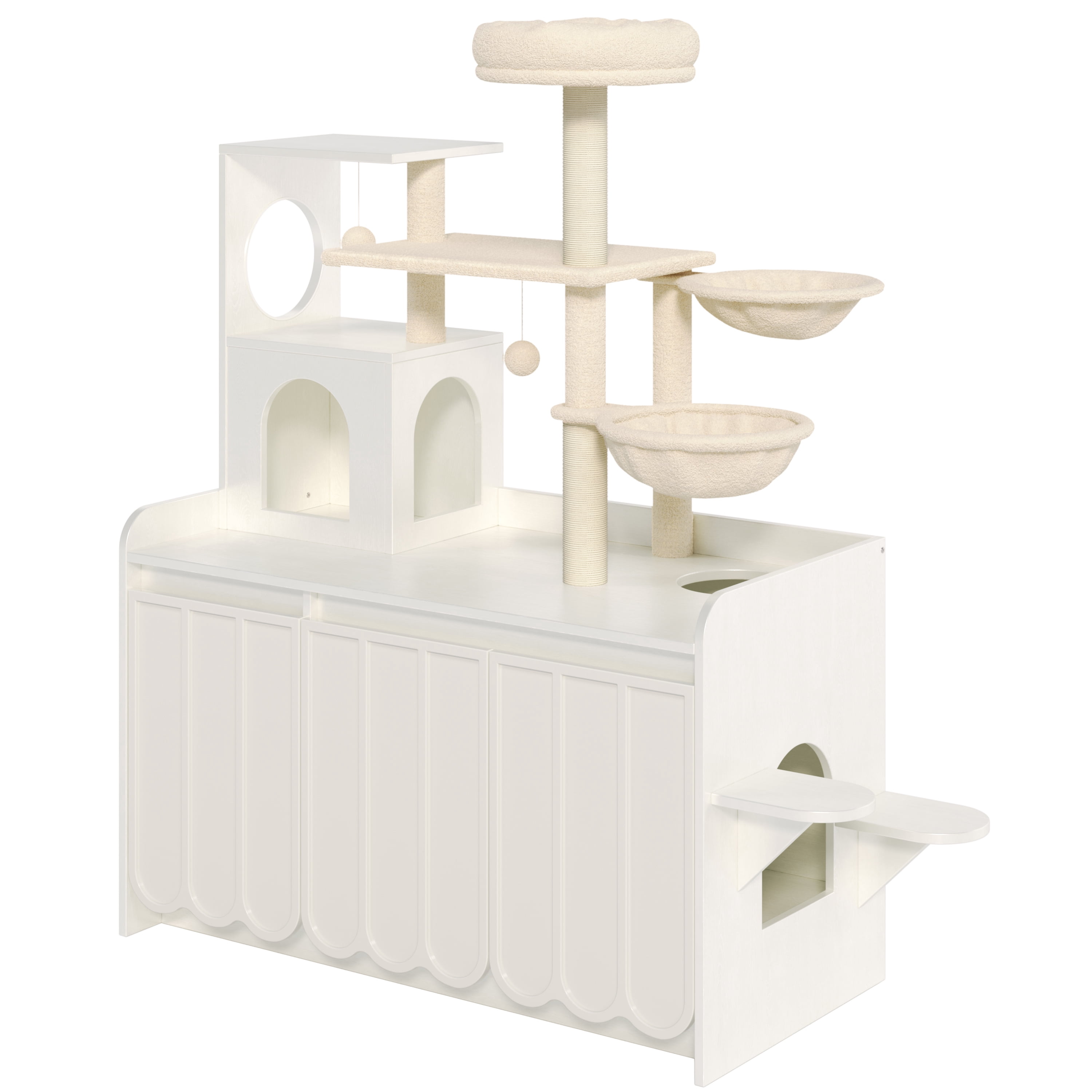 Euroco Cat Tree with Litter Box Enclosure, 59" Tall Modern Cat Tower with Sisal Scratching Post,Hammock,House,Perch & Storage Space,All-in-One Cat Condo,Hidden Cat Furniture,White