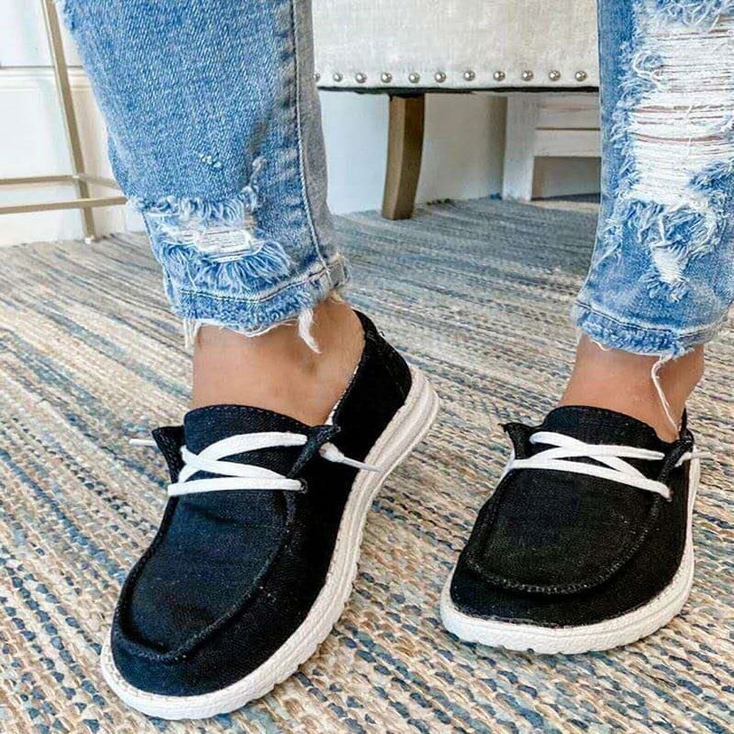 Womens Slip On Loafers Lightweight Casual Canvas Sneakers Lace Up Boat ...