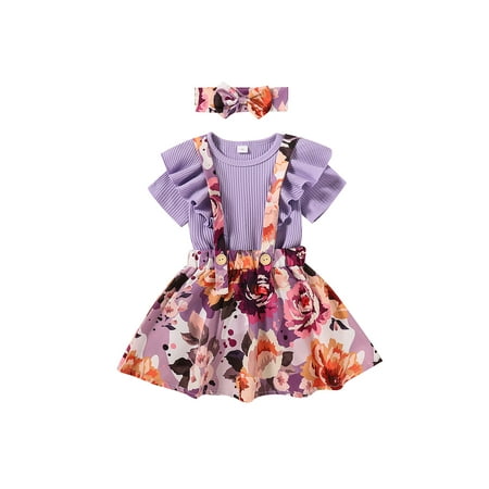 

Suanret Toddlers Kid Girl Skirt Outfits Short Sleeve Pure Color Ruffles Decor Tops Suspenders Flower Printed Short Dress Set Purple 2-3 Years
