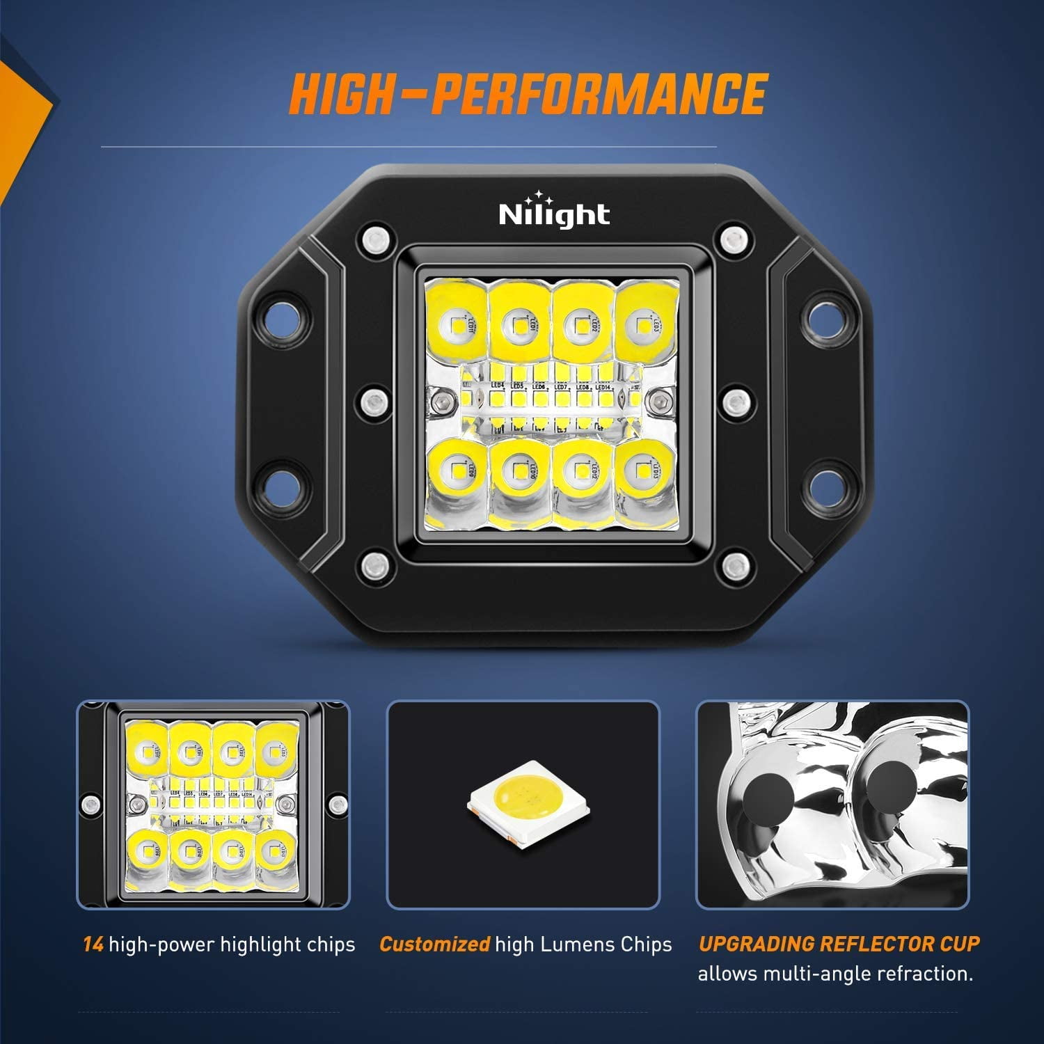 Nilight 2PCS 42W Flush Mount LED Pods Spot Flood Combo Beam Driving Light Backup Light Reverse Light Grill Mount Light with Wiring Harness Kit -2 Leads