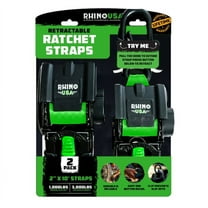 Rhino USA 2in x 10ft Retractable Ratchet Straps, 2 Pack, 1,000lbs Working Load Limit, 7.3lb Product Weight