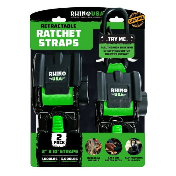 Rhino USA 2in x 10ft Retractable Ratchet Straps, 2 Pack, 1,000lbs Working Load Limit