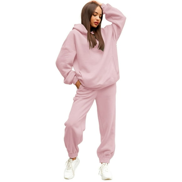 Fgnfyis Women's Solid Color Korean Style Fashion Hooded Sweatshirt and Pants Set 2 Piece Outfit Two Piece Sets for Women Pants Sets for Women Pink L