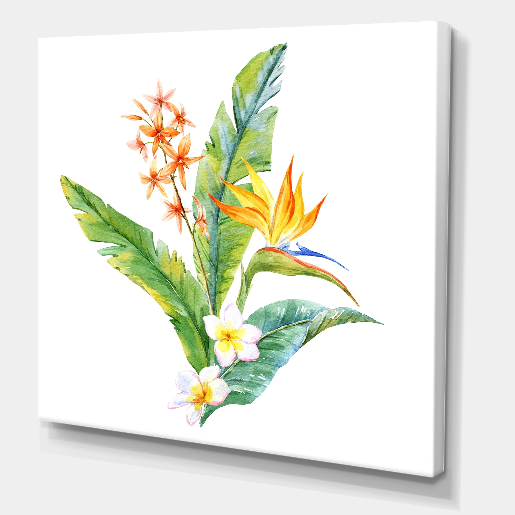 Designart ' Green Leaves With Tropical Yellow Flowers I ' Traditional Canvas Wall Art Print