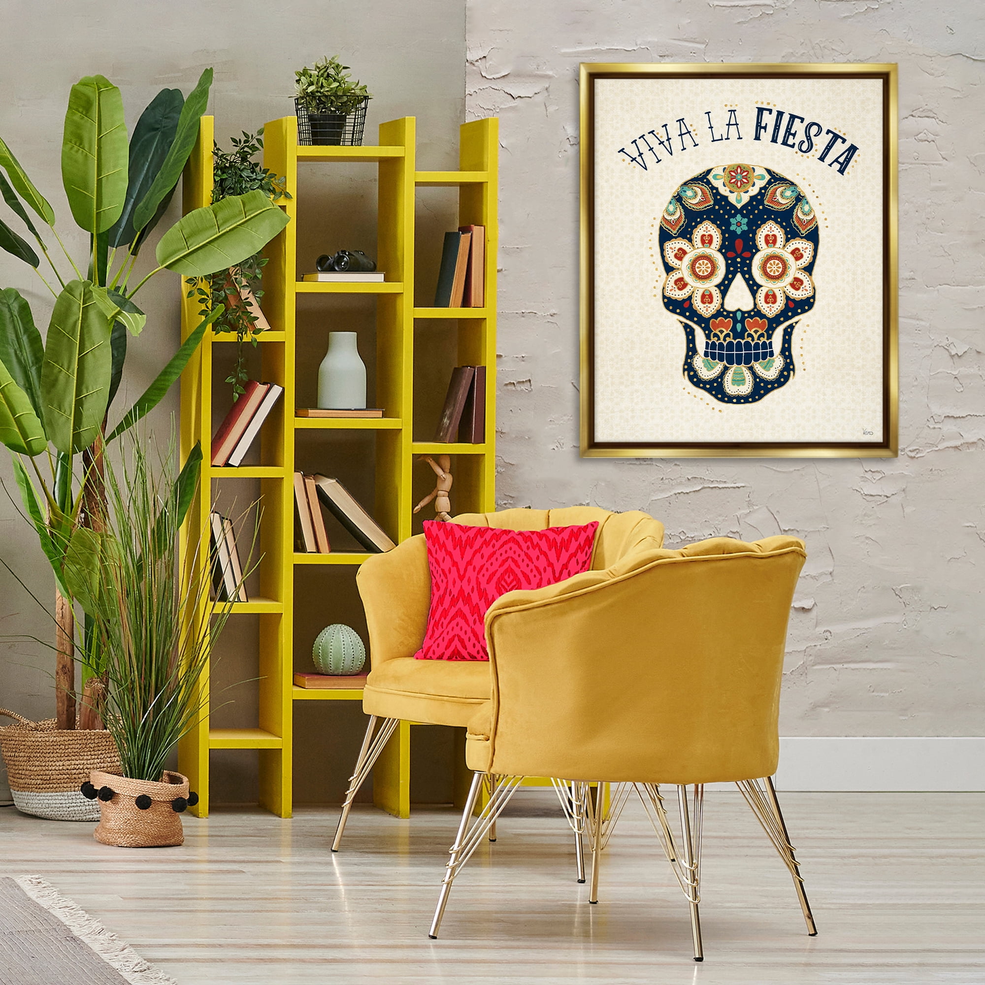 Stupell Industries Viva la Fiesta Calavera Inspirational Quotes & Sayings Painting Gold Floater Framed Art Print Wall Art, 25 x 31