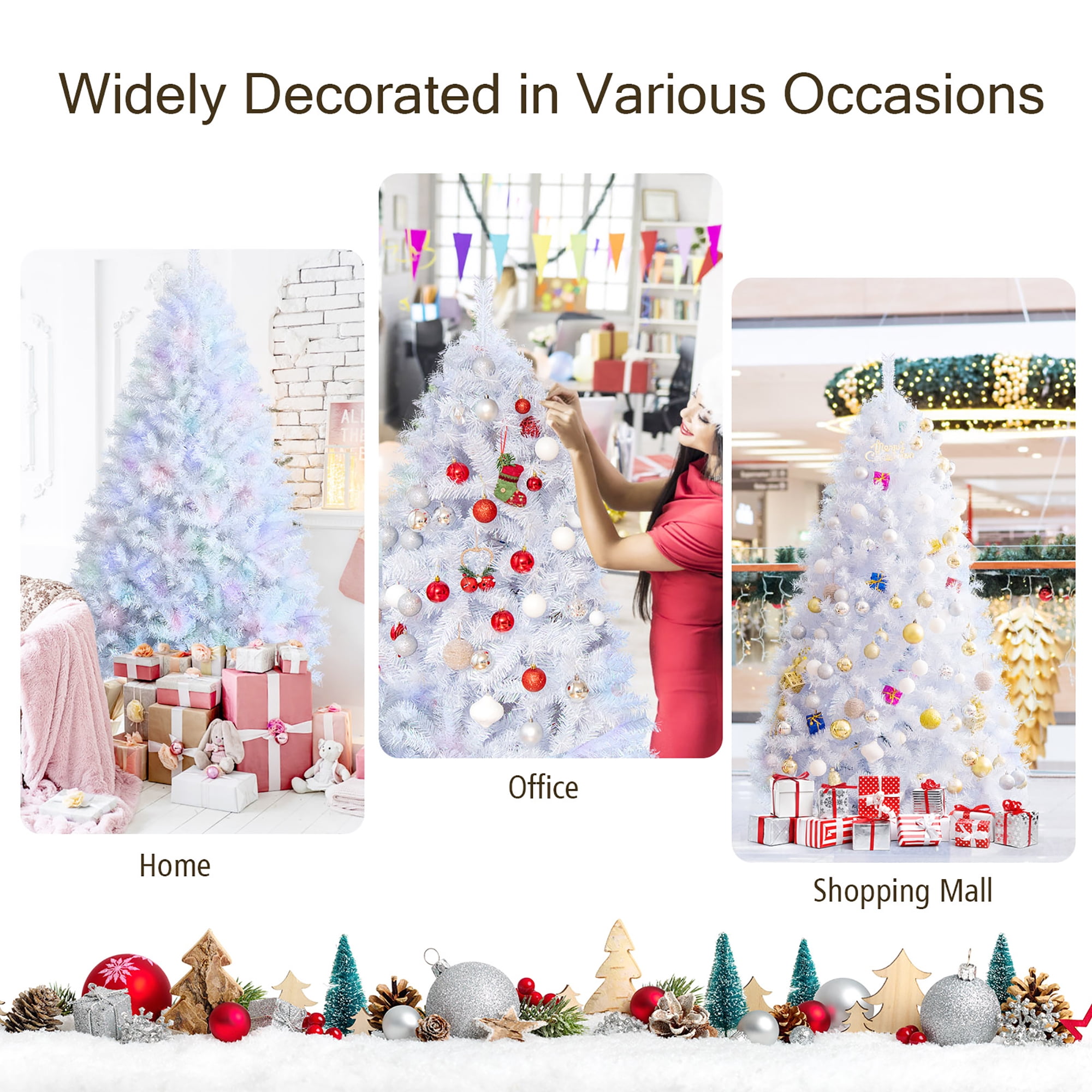YoungUS 7 Ft White Iridescent Tinsel Artificial Unlit Christmas Tree with  Metal Stand, 1636 Branch Tips, 8' Hinged Easy Setup Xmas Tree with Foldable