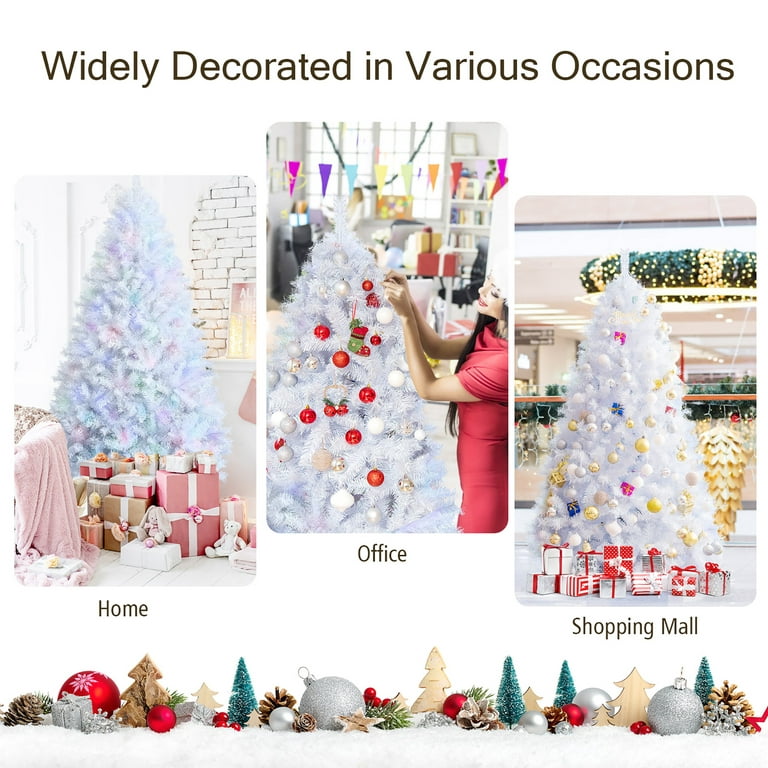 5/6/7 Feet Pre-Lit White Artificial Christmas Tree with Iridescent Leaves-7 ft | Costway