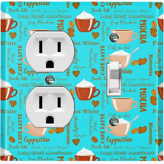 Metal Light Switch Wall Plate Outlet Cover (Mocha Coffee Bean Espresso Cup Cappuccino Teal - Single Duplex Single Toggle)