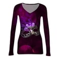 thumbnail image 4 of Mardi Gras Shirts for Women Mask Print Feathers Print V Neck Graphic Tee Sparkly Long Sleeve Holiday T Shirts Purple Pink M, 4 of 7