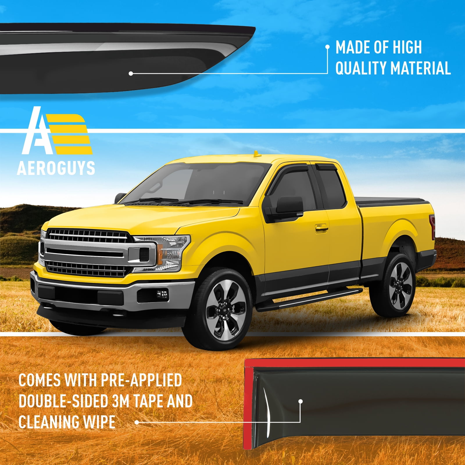 AEROGUYS Tape-On Window Deflectors Extra Durable Window Visors Rain Guards Fit for Ford F-150 2015-2025 SuperCab, Sun Visors, Wind Vent Visors, Car Accessories - 4 pcs. AG0721