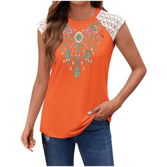 Qulqfy Tunique Vintage en Dentelle Manches Courtes Orange Décontractée m
