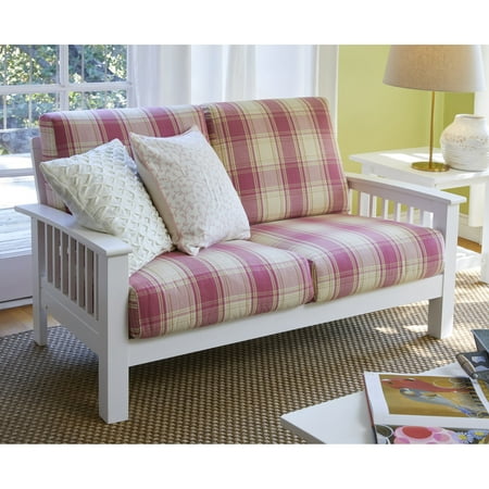Handy Seat - Handy Living Omaha Pink Plaid Mission Style Loveseat with Exposed Wood Frame