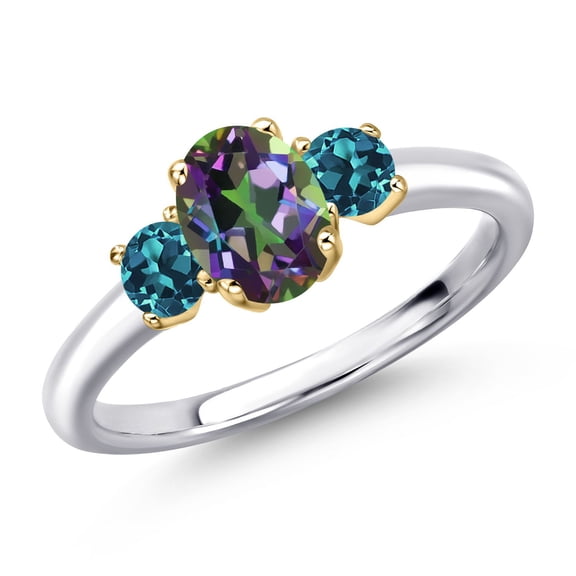 Gem Stone King 925 Silver and 10K Yellow Gold Green Mystic Topaz and London Blue Topaz Engagement Ring for Women | 1.44 Cttw | Oval 7X5MM | Gemstone November Birthstone | Size 6