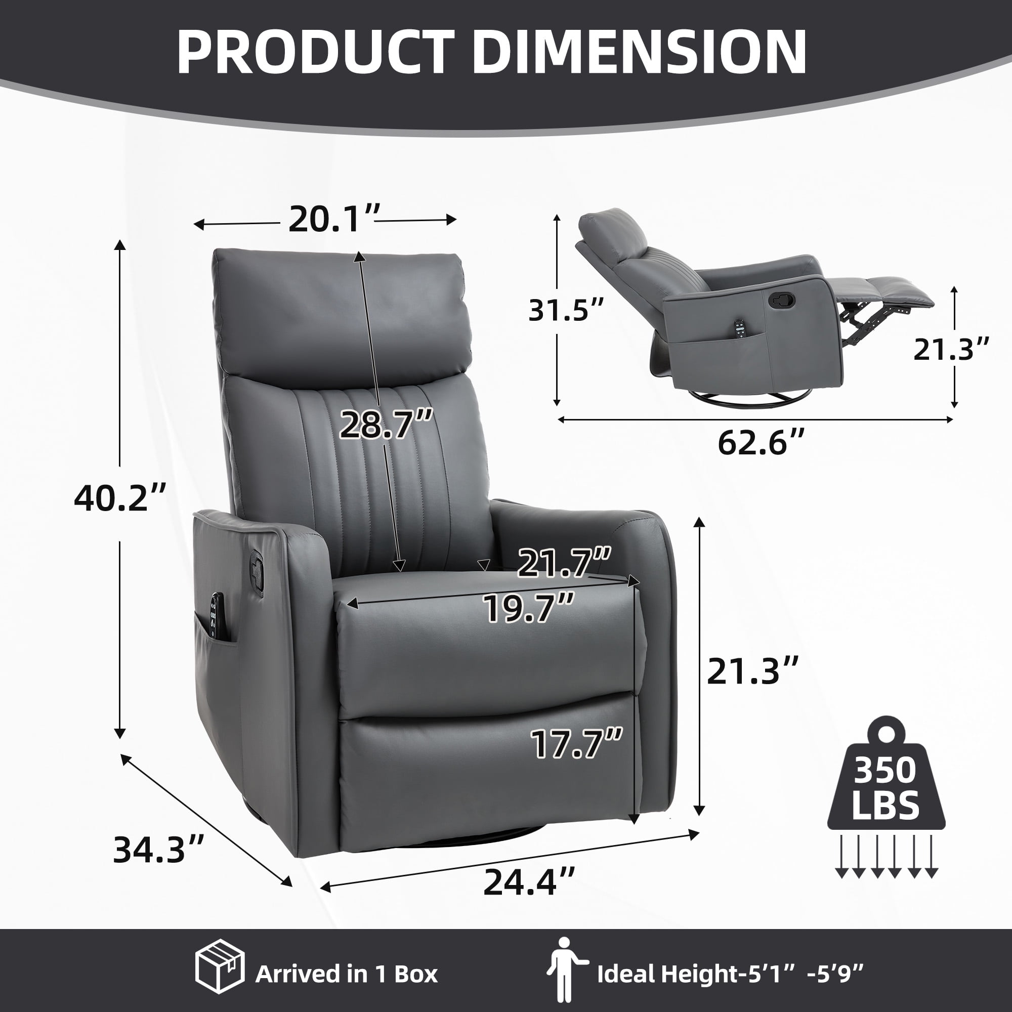 Aukfa Massage Recliner Chair with Heat, Faux Leather 360° Swivel Rocker Recliner, Overstuffed Manual Reclining Glider Chair with Vibration, Gray