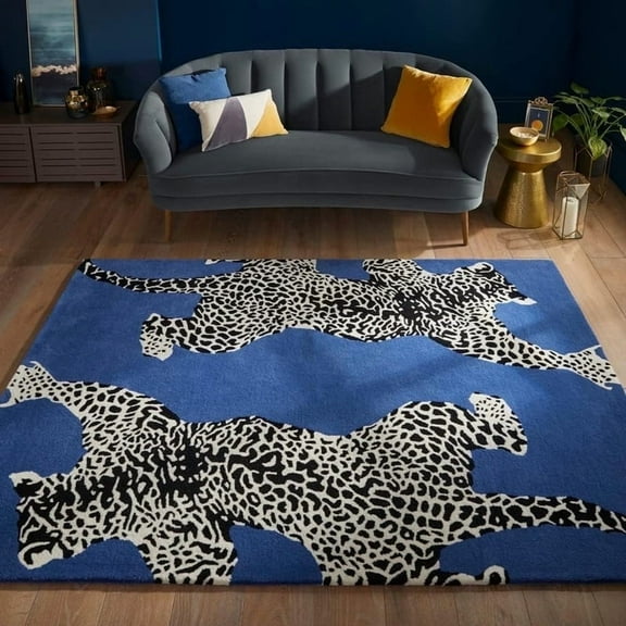 Avyay Rugs Climbing Jaguar Modern Tufted Wool Area Rug, Blue Animal Print, 3 x 5 ft – Handmade Luxury Rug for Living Room, Bedroom, or Artistic Home Décor