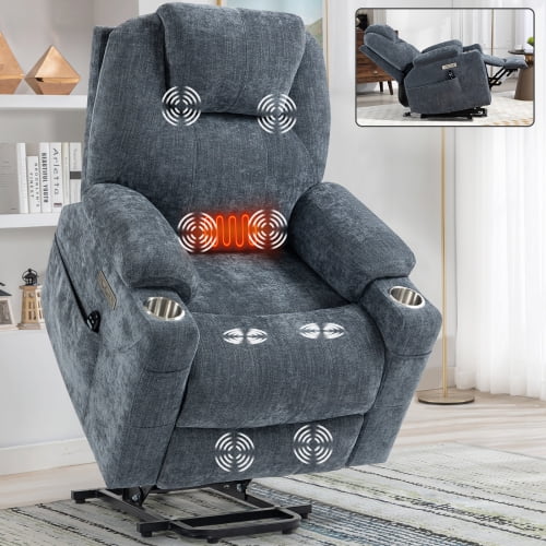 39" Chenille Oversized Lift Chair, Recliner Chair with Heat, Massage Chair with USB for Living Room, Blue