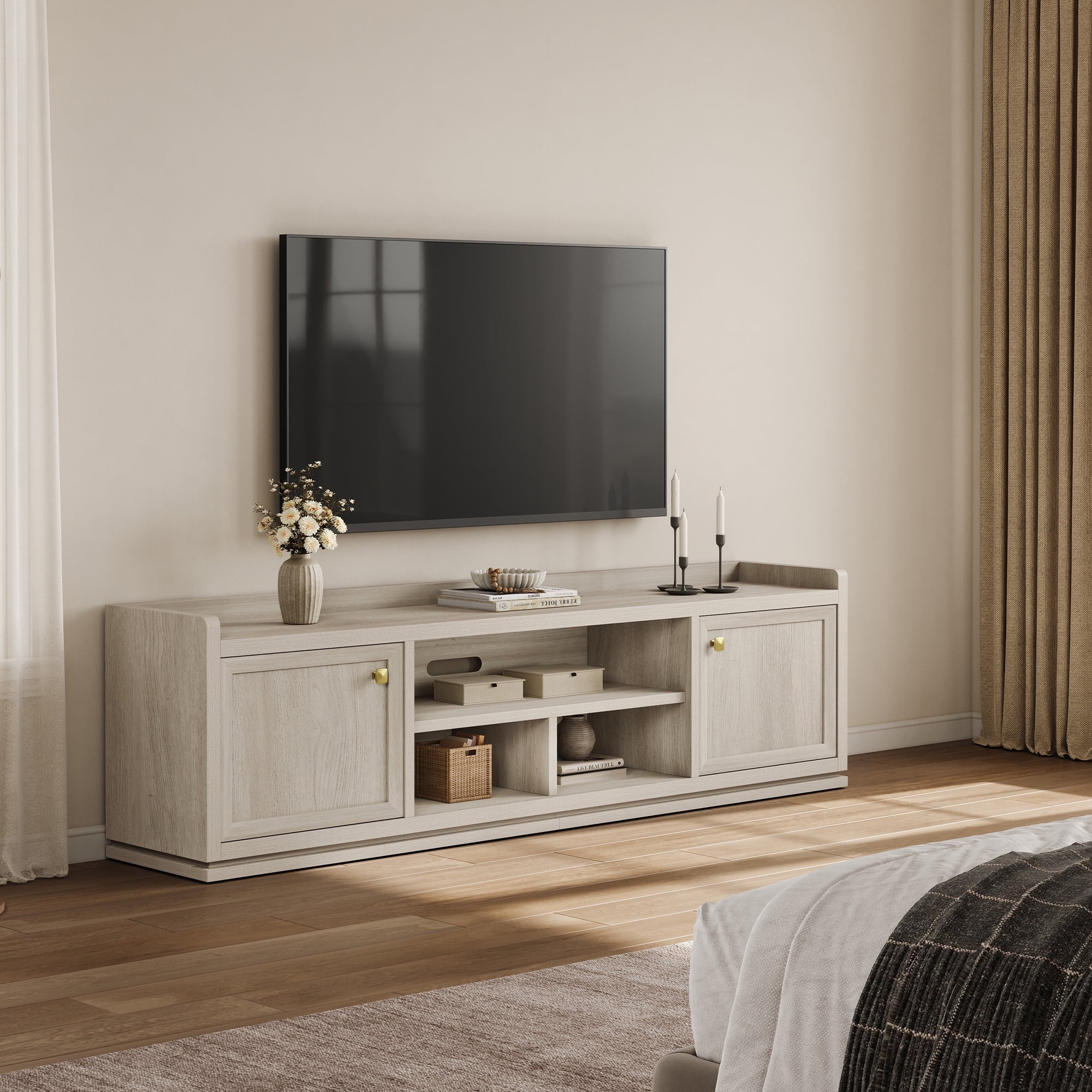 SICOTAS Farmhouse TV Stand for TVs up to 75", Entertainment Center with Storage Cabinets & Open Shelves, Wood TV Cabinet, Media Console Table for Living Room, White Oak