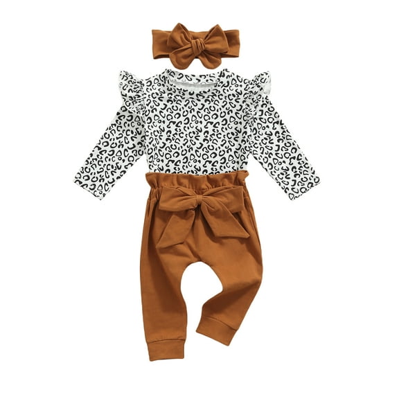 Bagilaanoe 3pcs Newborn Baby Girl Long Pants Set Leopard Long Sleeve Ruffle Romper Tops Trousers Headband 6M 12M 18M 24M Infant Fall Casual Outfits