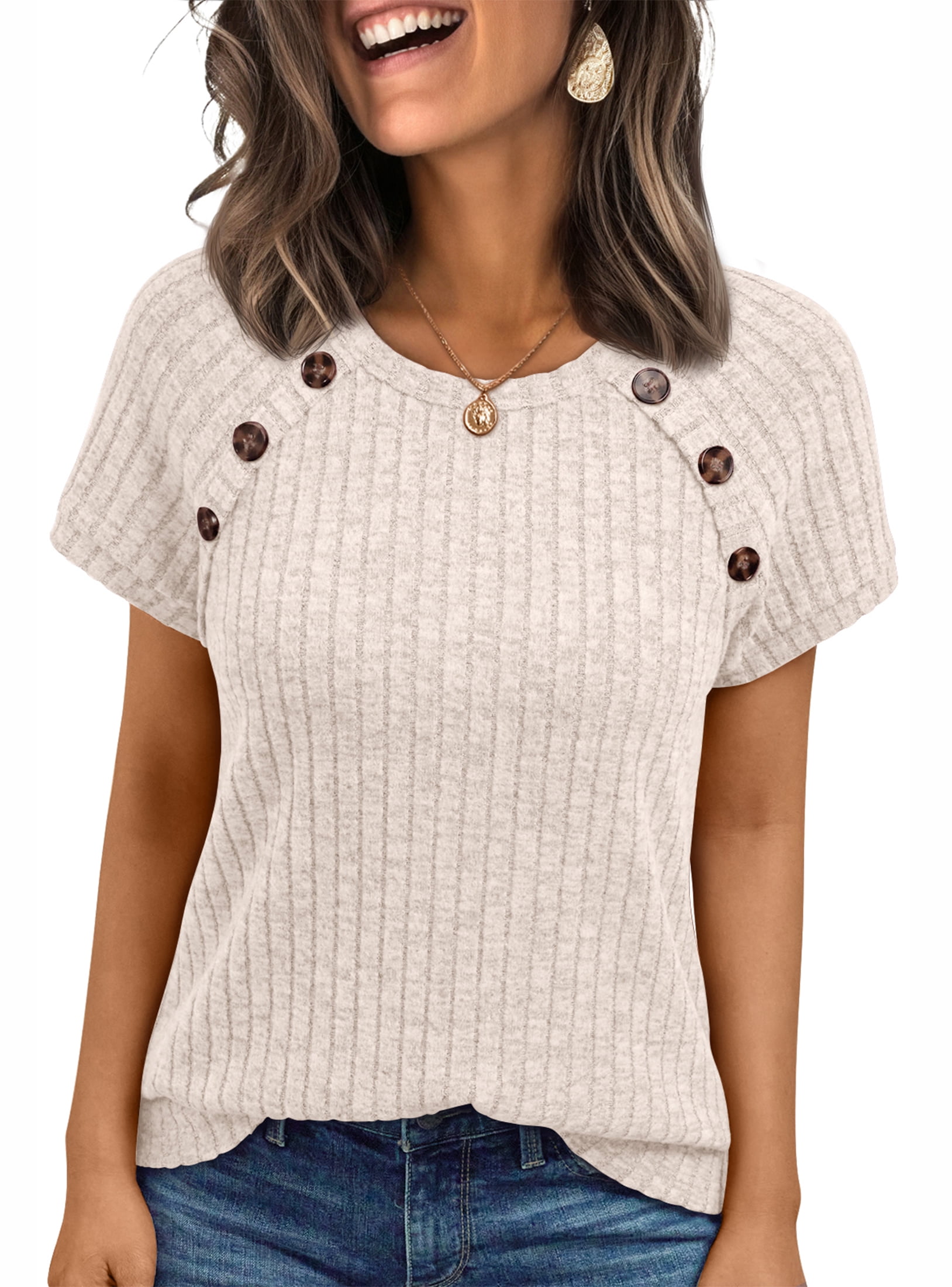 SUNBS Blouses for Women Crew Neck Casual Tunic Tops Short Sleeve Shirts Fashion Clothing