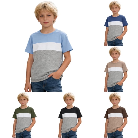 CUZIBR Boys Tops Striped Color Block Short Sleeve Casual Crew Neck Blend Graphic T Shirt For Kids Youth Children Comfortable Playwear Tee Dailywear,Light Blue,6-7 Years