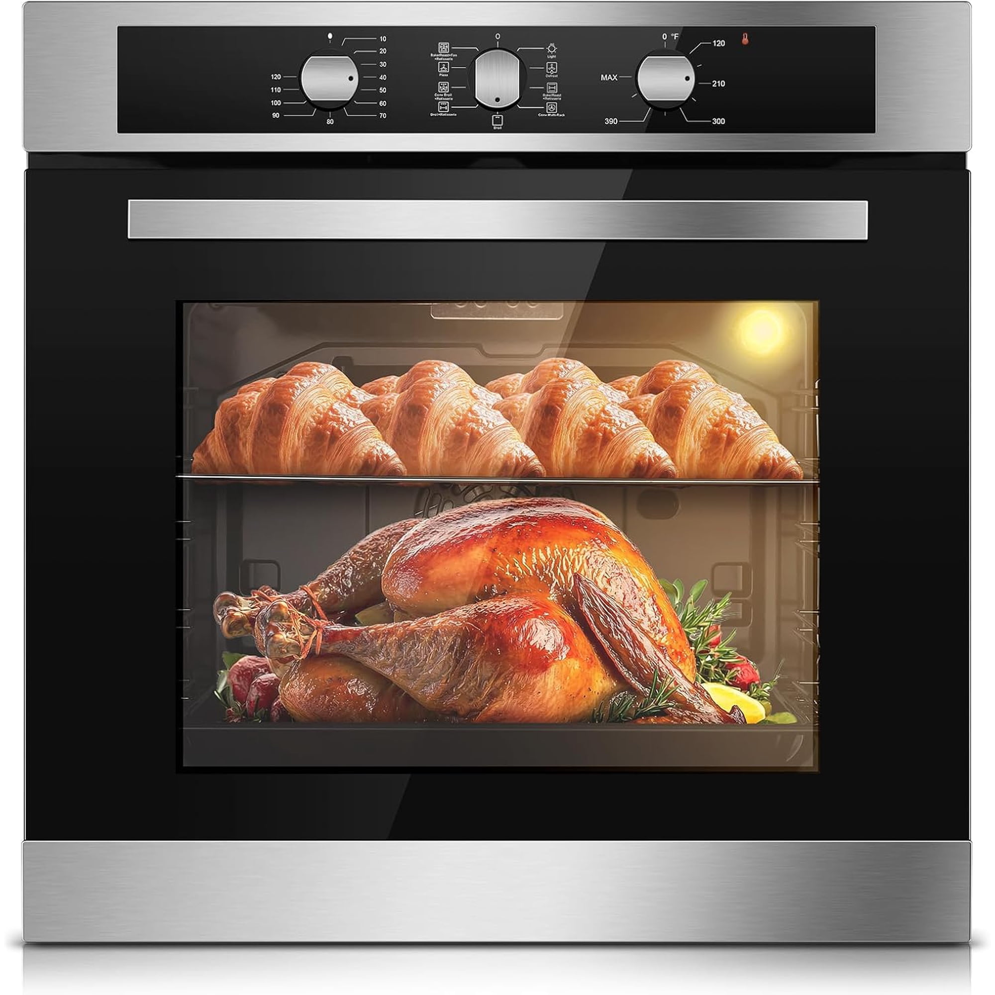 24 Inch Single Wall Oven 2.8 Cu.Ft 3220W Electric | Mechanical knob control, 9 functions, 360 rotisserie, triple glass door, enamel cavity for restaurant Tieasy