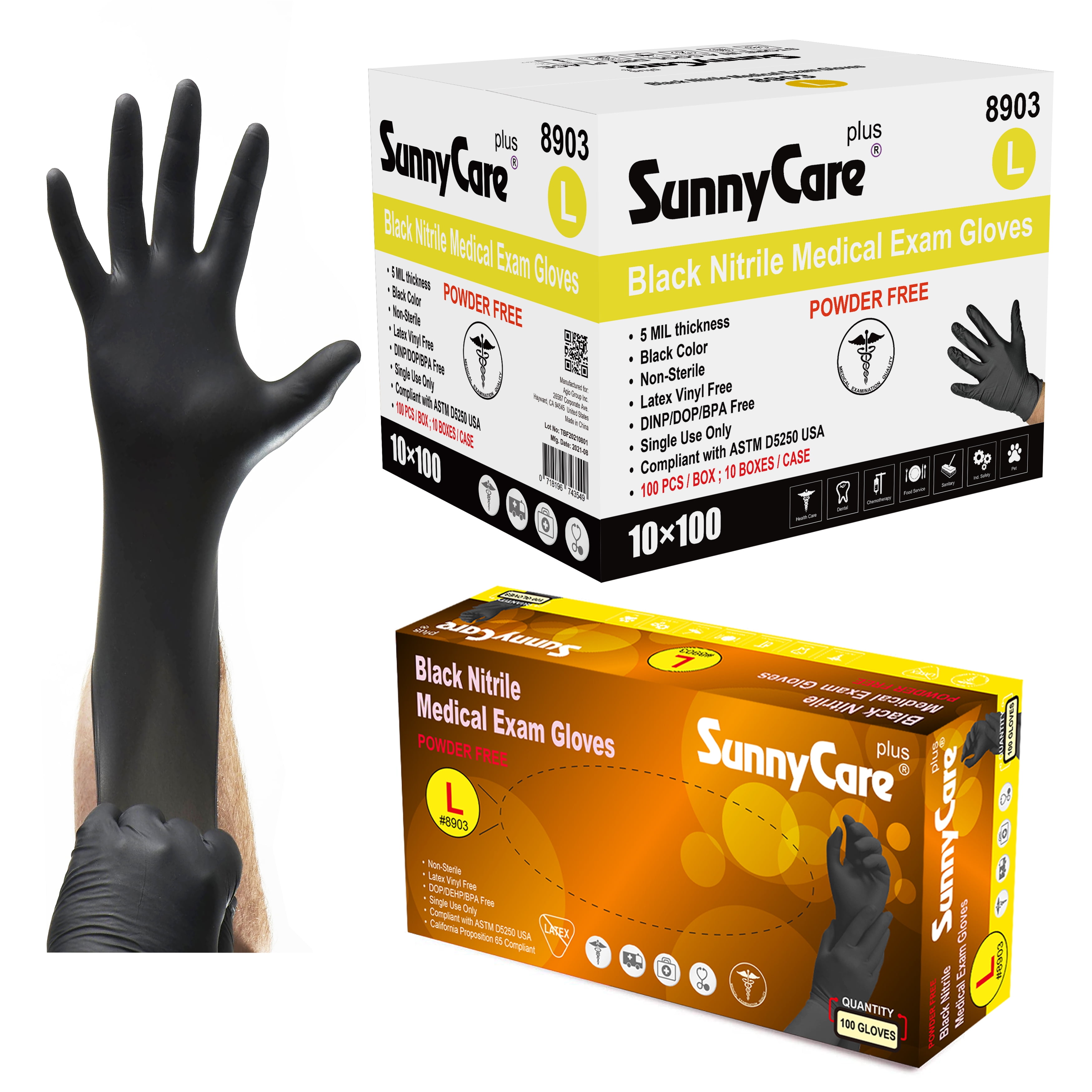 1000Pcs Sunnycare 5Mil Black Nitrile Medical Exam Gloves Powder Free