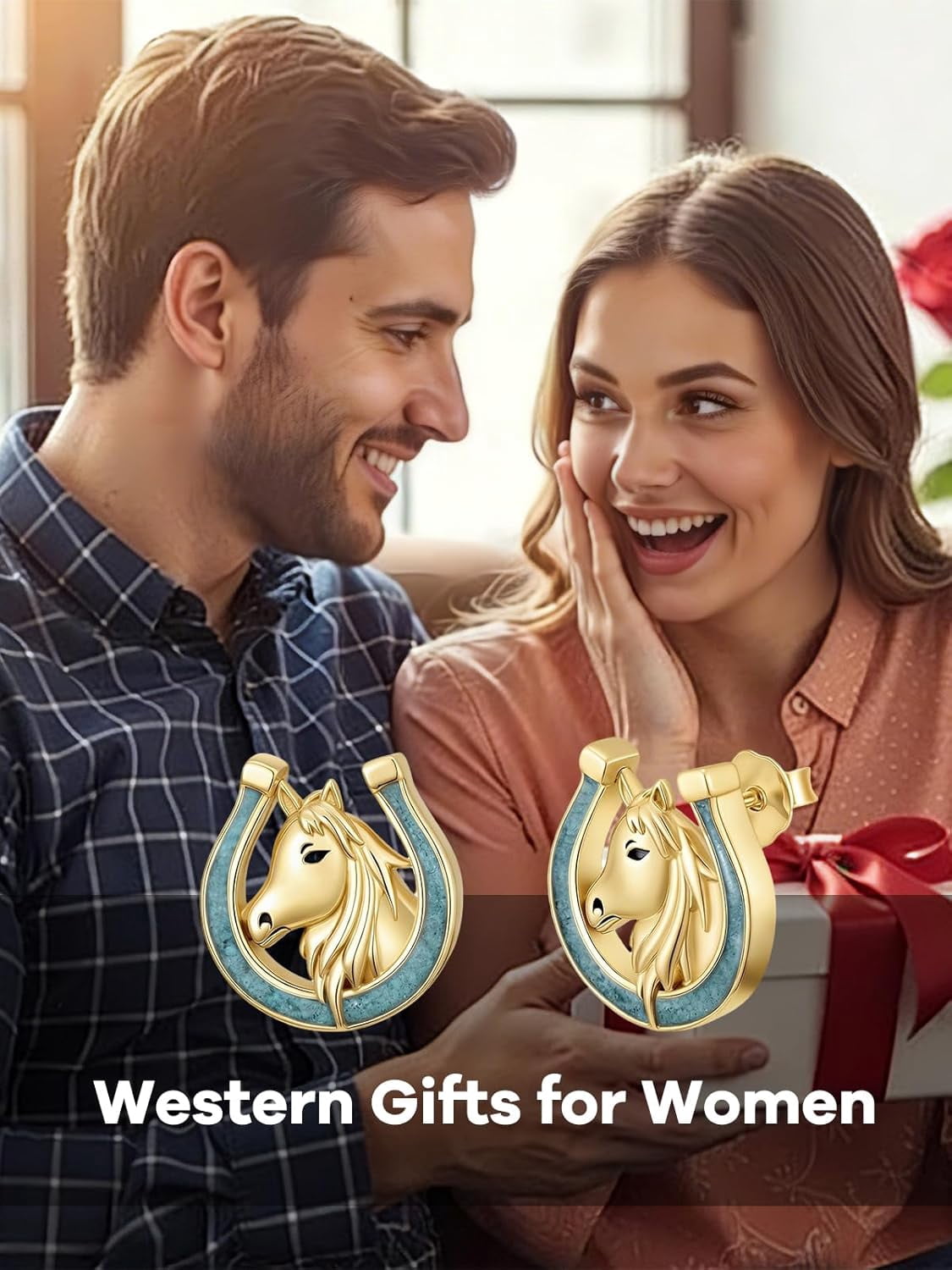 JKR Horse Stud Earrings Sterling Silver Turquoise Horseshoe Earrings Western Jewelry Gifts For Women Birthday Gifts for Her