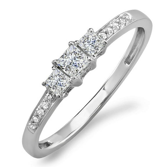 0.33 Carat (ctw) 14k White Gold Princess & Round Diamond Ladies 3 Stone Bridal Engagement Ring 1/3 CT