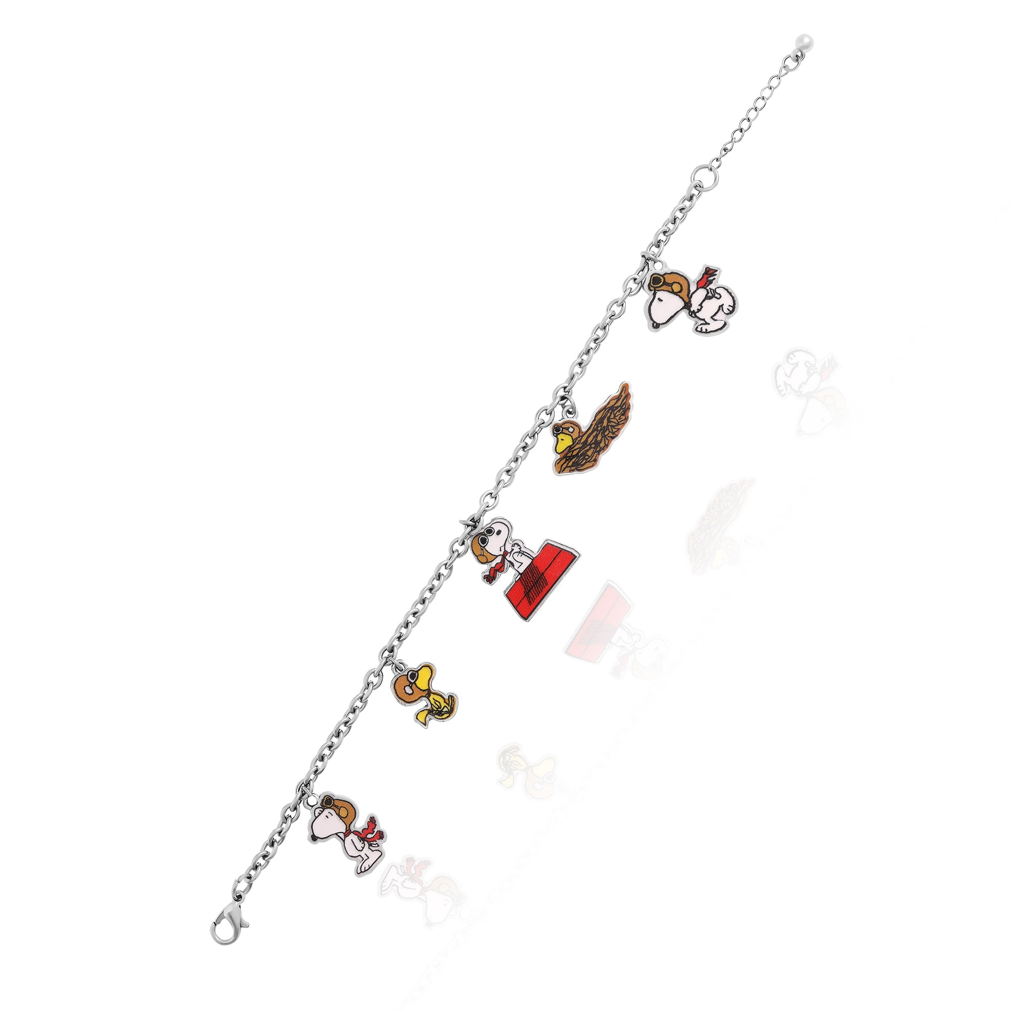 Peanuts Snoopy Charm Bracelet Official License, 7.5"+1" Fashion Bracelet with 5 Flying Ace Snoopy and Woodstock Charms