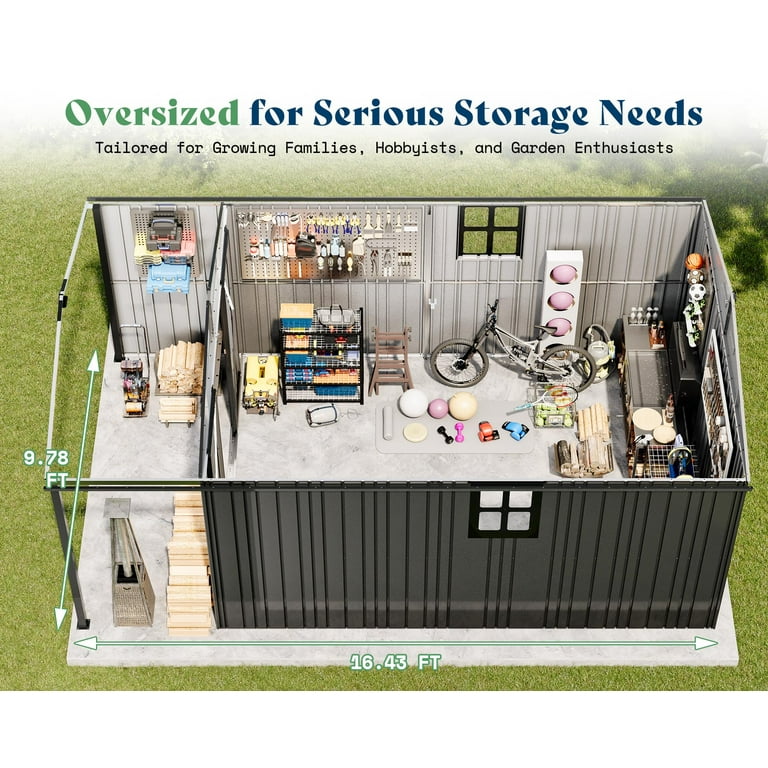 Jocisland 10x16.6x7.3 ft Metal Storage Shed with Lounge Area, 2