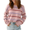 thumbnail image 2 of Fznquz Knitted Sweaters for Curvy Women Striped Crewneck Sweaters Long Sleeve Casual Pink Winter Clothing for Women, 2 of 8