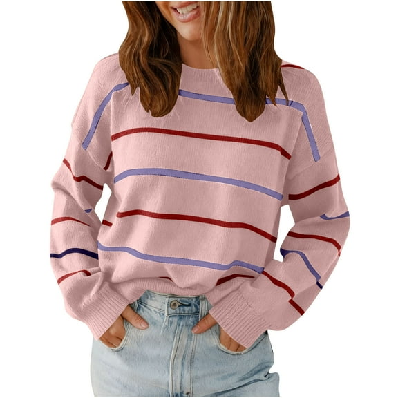 ullover Sweaters for Women Strip Crew Neck Soft Tunic Tops Long Sleeved Round Neck Pullover Knitted Sweater Shirts