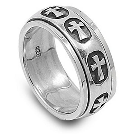 Heavy Mens Ring - Sterling Silver Women's Mens Heavy Cross Ring ( Sizes 5 6 7 8 9 10 11 12 13 14 15 ) Wholesale 925 Band 9mm Rings (Size 6)