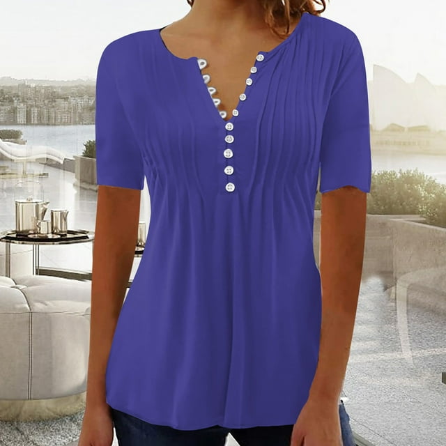 LSLJS T-Shirts pour Femmes Mode Décontractée Col Rond Plissé Couleur Unie Bouton Haut Blouse