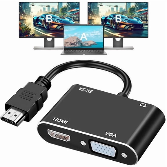 HDMI to VGA HDMI Adapter for Dual Monitor, HDMI to VGA & HDMI Splitter 1 to 2,1080P@60HZ Full HD Display Video Converter Compaitble with Windows/Mac Os/Linux, Plug & Play