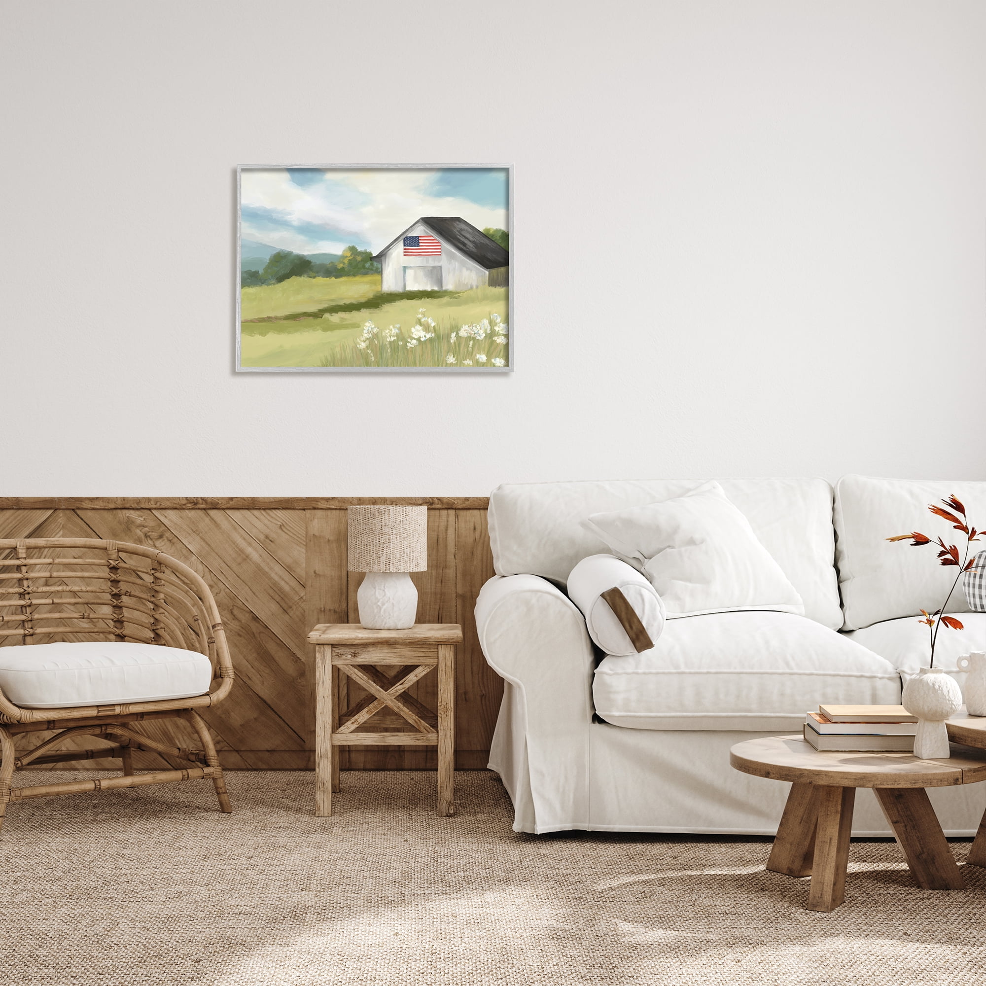 Stupell Industries American Flag on Barn Nature Painting Gray Framed Art Print Wall Art, 30 x 24