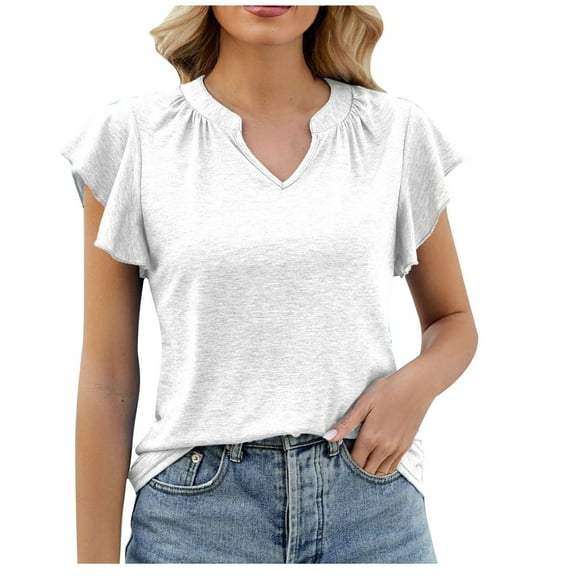 Ltctricy T Shirts for Women 2025 Trendy Summer V Neck Ruffle Short Sleeve Loose Casual Tunic Tops Soft Tees Blouses