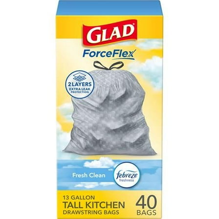 Glad Forceflex Tall Kitchen Trash Bags, 13 Gallon, Gain Fresh Clean, 40 Count - Pack of 2