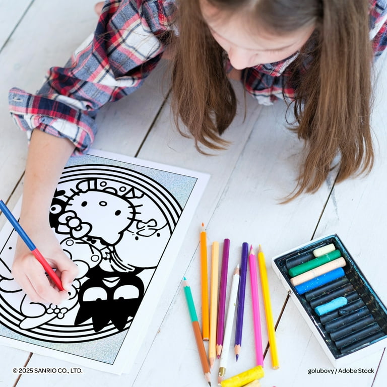 Lisciani - HELLO KITTY AND FRIENDS - Adesivo e libro da colorare per bambini dai 5 anni in su - Set creativo con 20 pagine, 200 adesivi gonfi olografici e glitterati