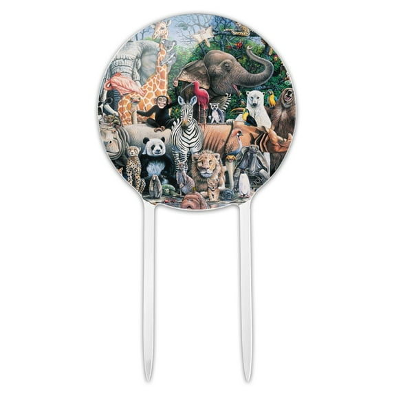 Acrylic World Animals Family Reunion Monkey Bear Zebra Elephant Cake Topper Party Decoration for Wedding Anniversary Birthday Graduation