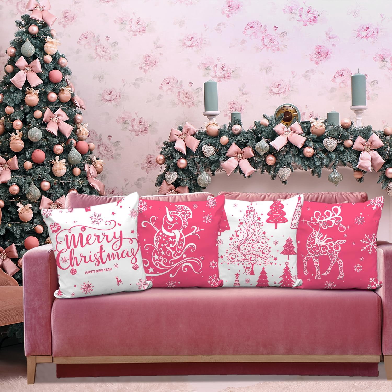 Pink Christmas Throw Pillow Covers 20x20 Set of 4 Christmas Decoration Trees Deer Snowman Merry Christmas Decorative Holiday Farmhouse Pillow Covers for Holiday Christmas Decoration