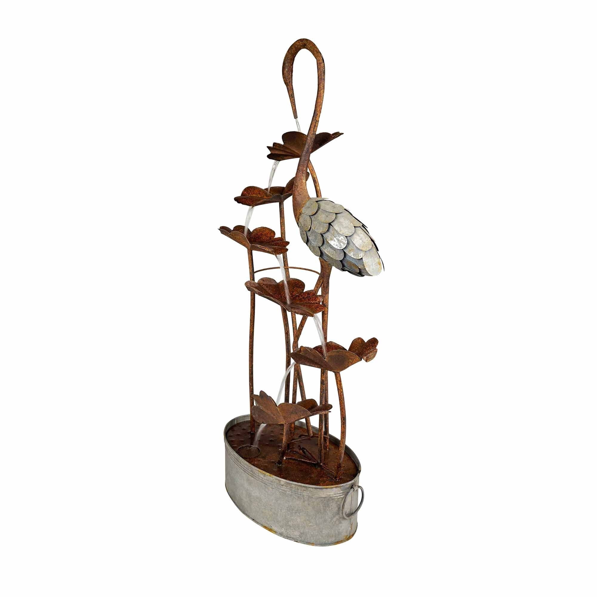 Hi-Line Gift Ltd. Metal Crane W/Leaves In Pail Fountain